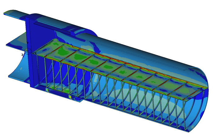 composite fuselage section in FEA showing color-coded stress contours