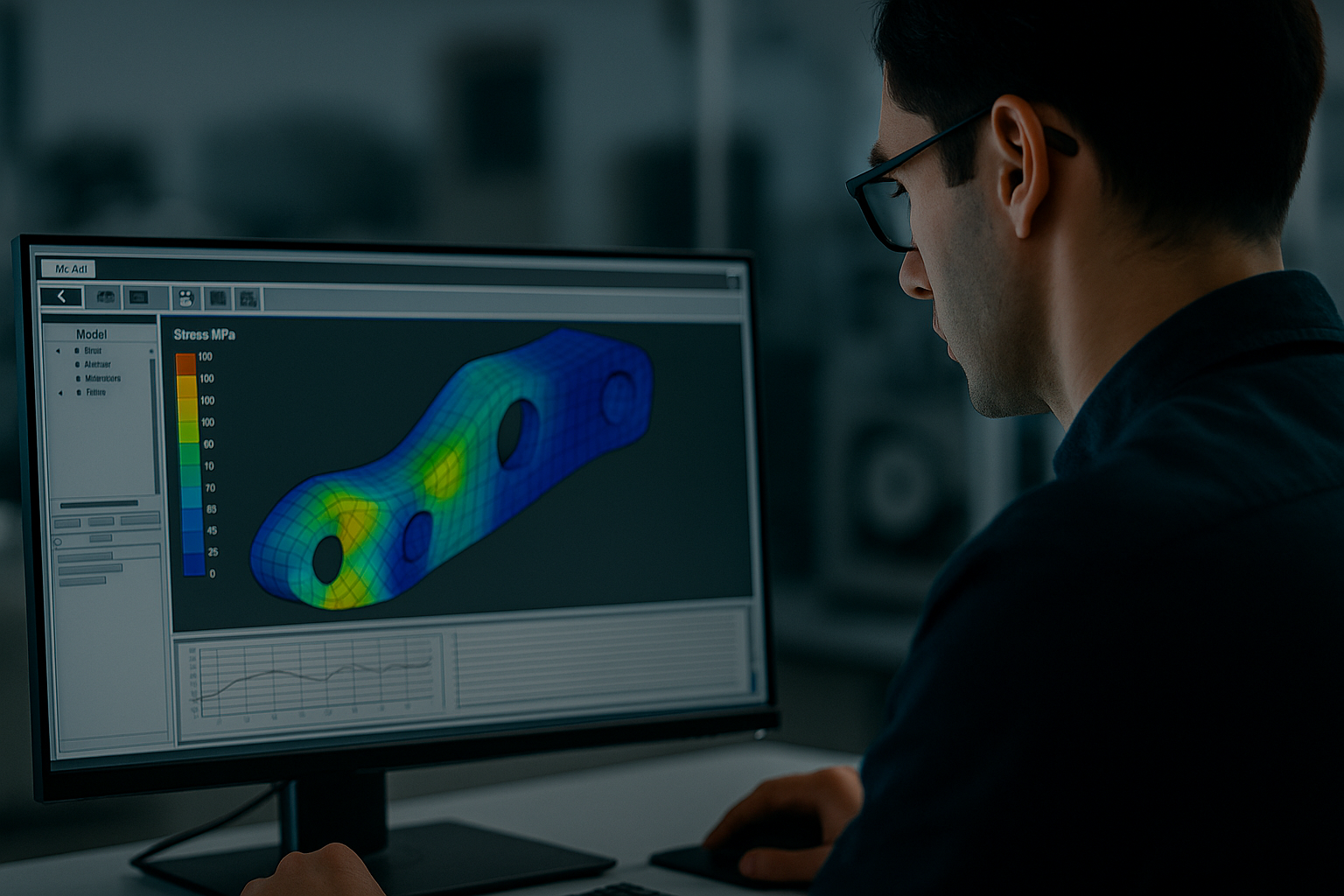 Engineer performing structural simulation using finite element analysis software to visualize stress distribution on mechanical part – MSTECH Sweden
