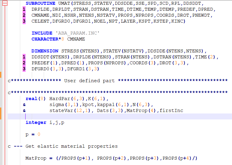 screenshot of Fortran UMAT subroutine code used for custom material modeling