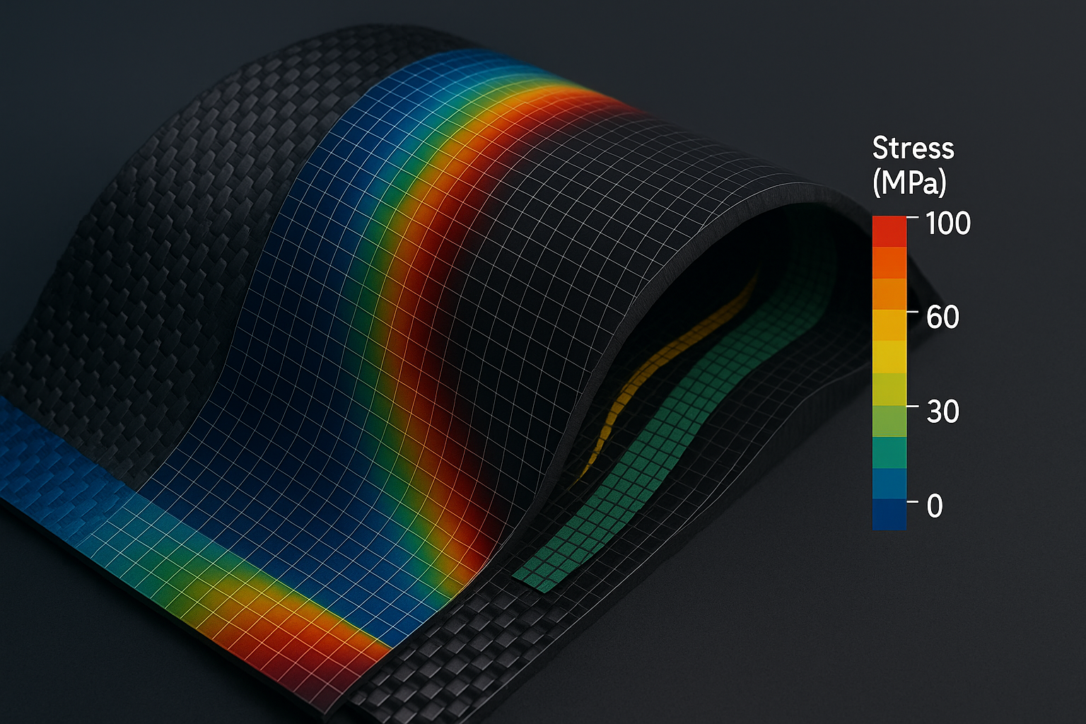 composite simulation finite element model of laminate ply orientations and stress contours