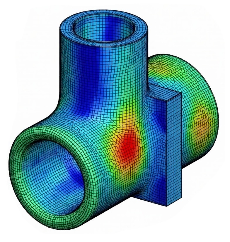 structural simulation of pipe junction showing stress distribution and deformation zones.