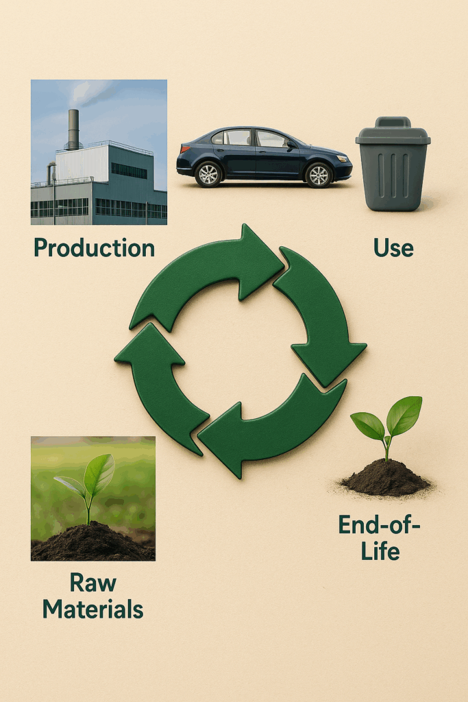 life cycle assessment circular arrow diagram showing environmental impact from cradle to grave