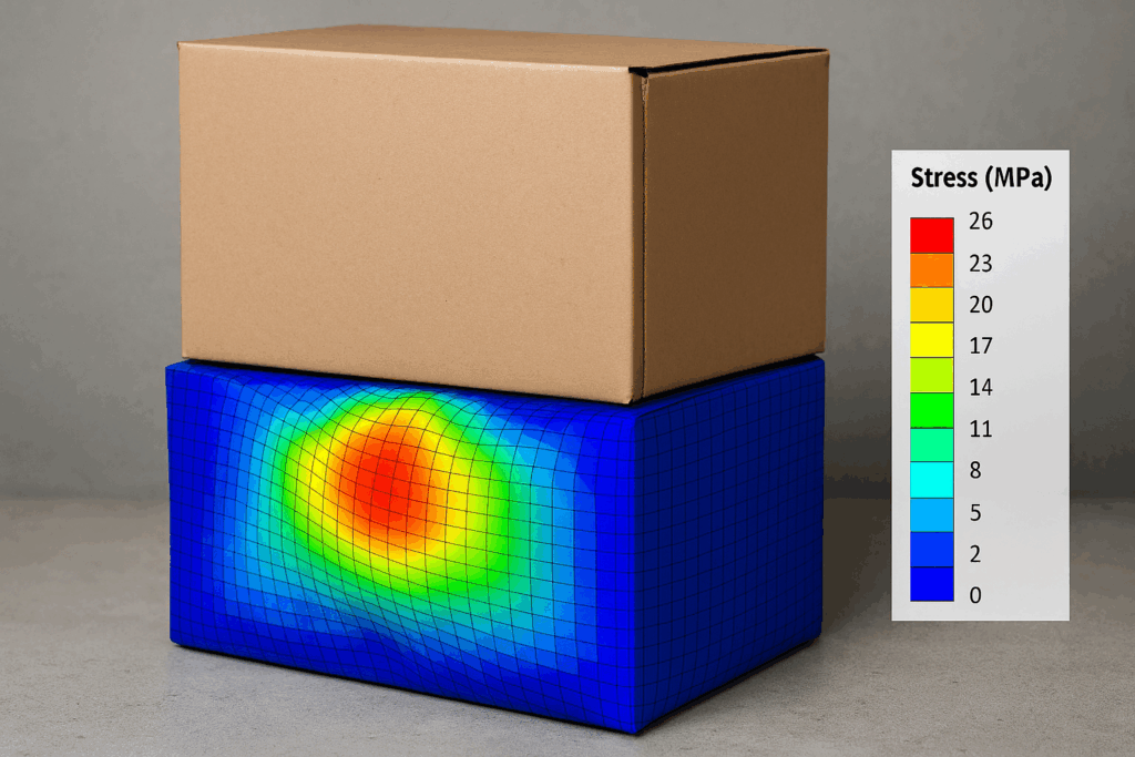 paper material simulation finite element mesh showing stress distribution in corrugated cardboard