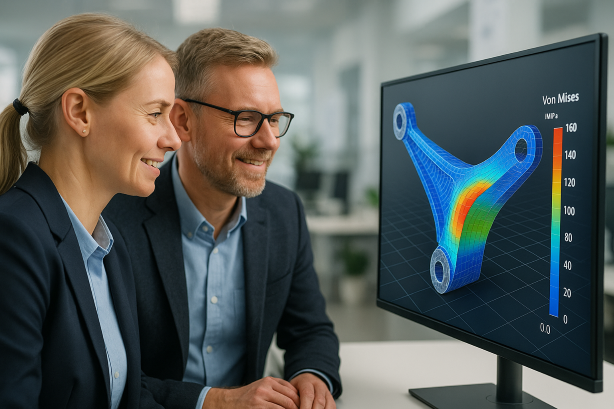 engineers reviewing FEA simulation with Von Mises stress plot in a modern office