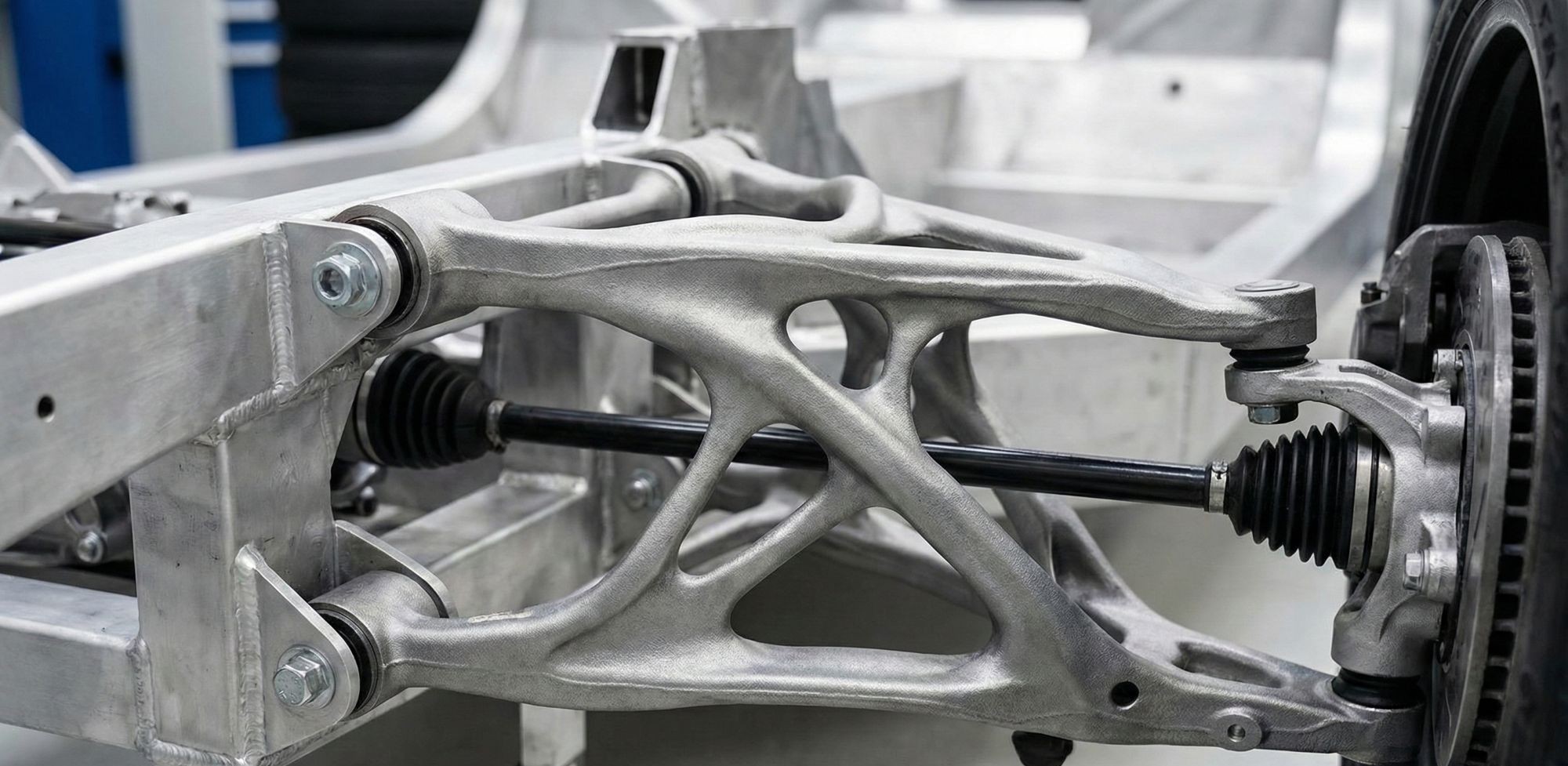 Close up photo of a real manufactured metal part on a car chassis designed by AI