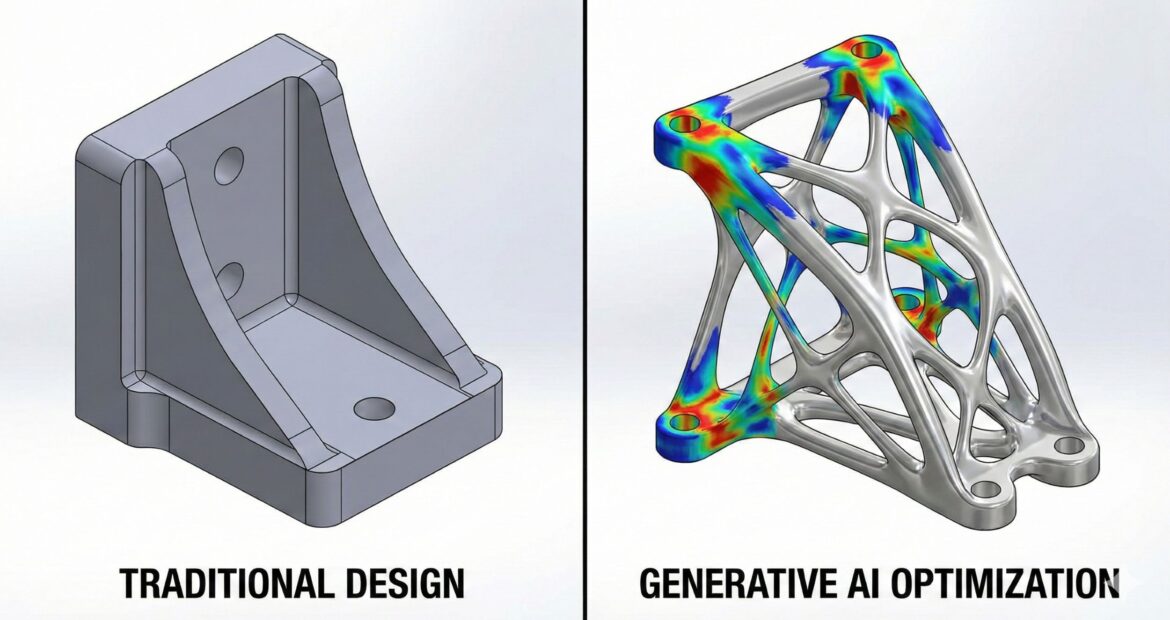 Side-by-side comparison of a heavy traditional CAD block design versus a lightweight, organic AI-optimized structure showing stress distribution heatmaps.