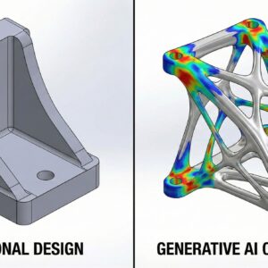 Side-by-side comparison of a heavy traditional CAD block design versus a lightweight, organic AI-optimized structure showing stress distribution heatmaps.