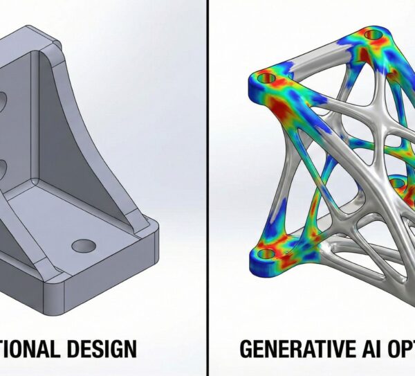 Side-by-side comparison of a heavy traditional CAD block design versus a lightweight, organic AI-optimized structure showing stress distribution heatmaps.