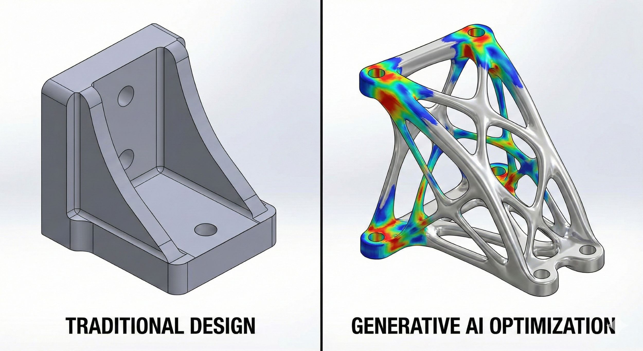 Side-by-side comparison of a heavy traditional blocky design vs a lightweight organic AI optimized structure